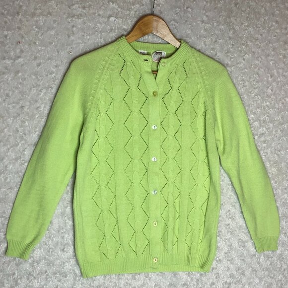 Montgomery Ward Sweaters - Vintage Montgomery Ward Lime Green Cable Knit Cardigan Size Medium
